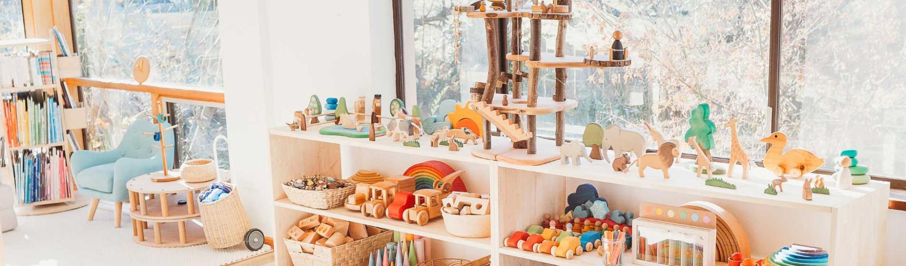 Oskar's Wooden Ark Toys on shelf