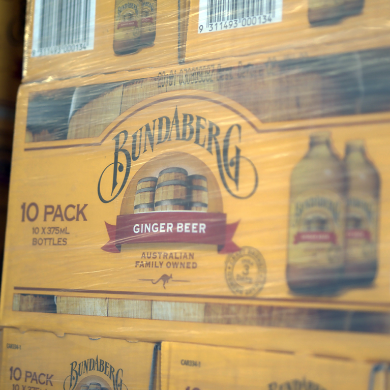 Bundaberg Ginger Beer carton wrapped in pallet wrap