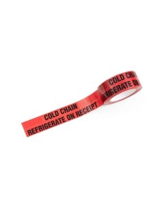 Warning Tape – Black on Red Cold Chain Refrigerate on Receipt - 45mm x 100m