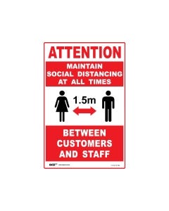Maintain Social Distancing At All Times Sign Red/White 300mm x 450mm - Polypropylene