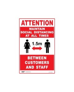 Maintain Social Distancing At All Times Sign Red/White 300mm x 450mm - Polypropylene