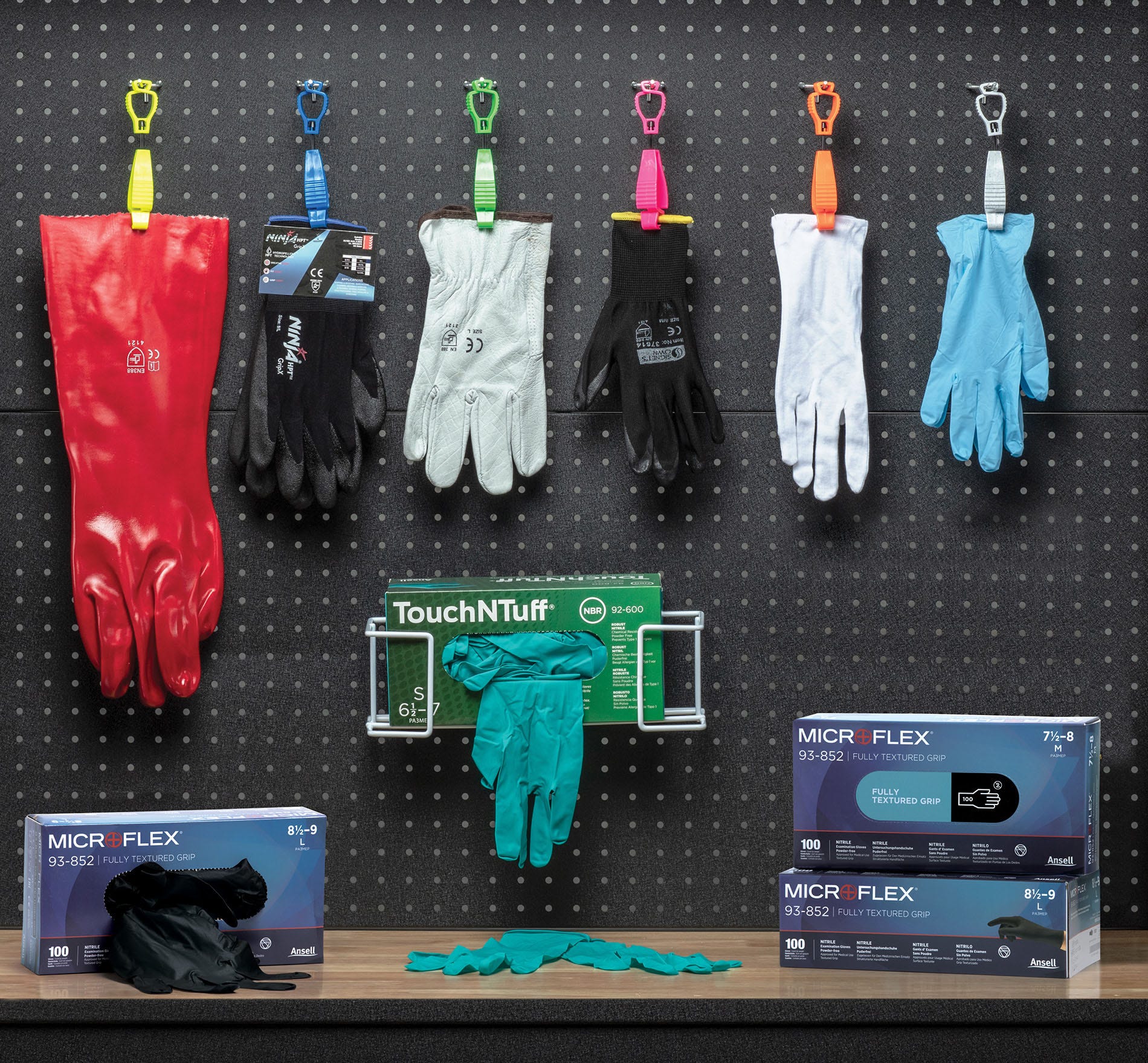 Various gloves hanging