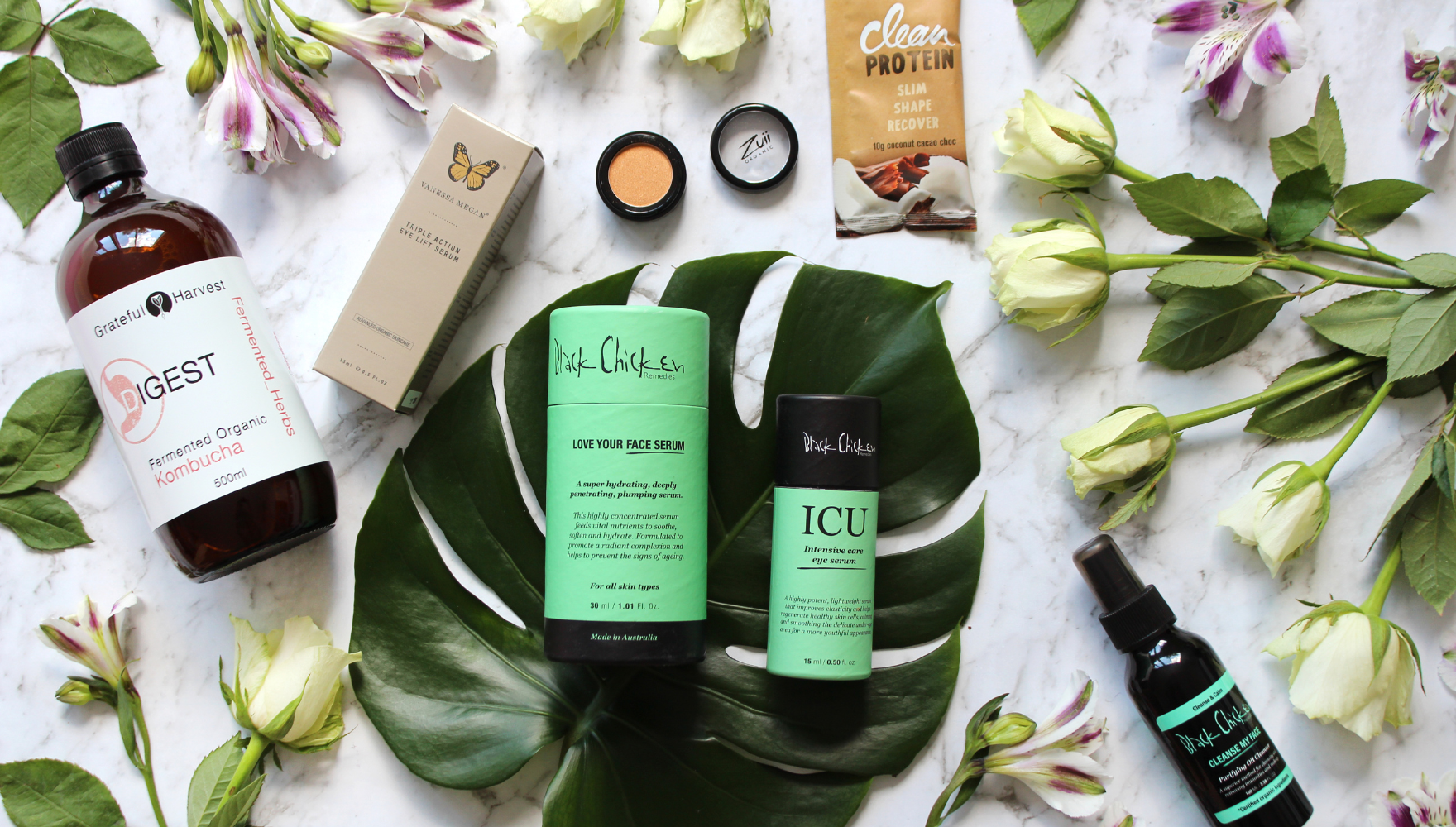 Flat lay of Sassy Organics on Leaf