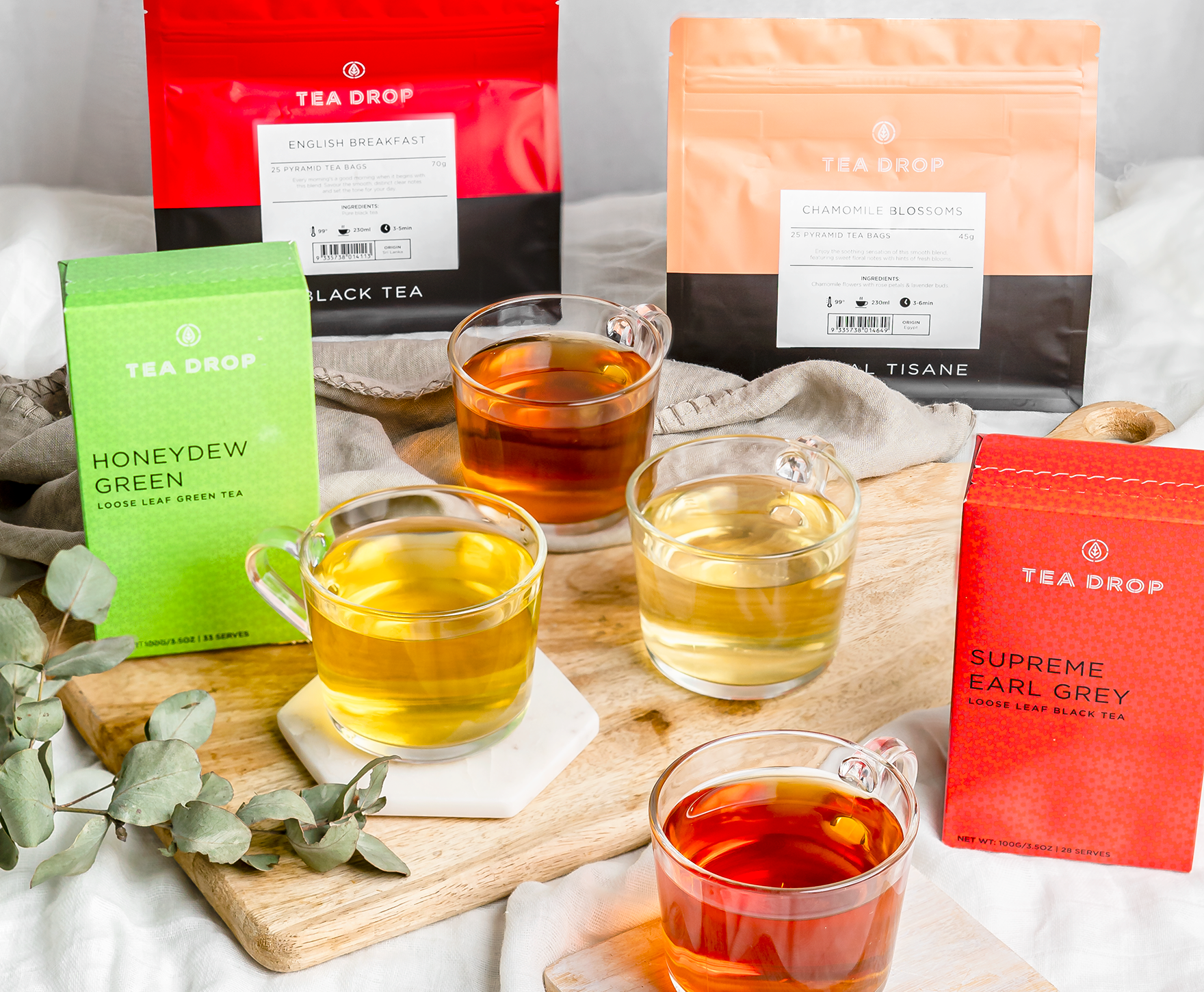 Tea Drop product range on table