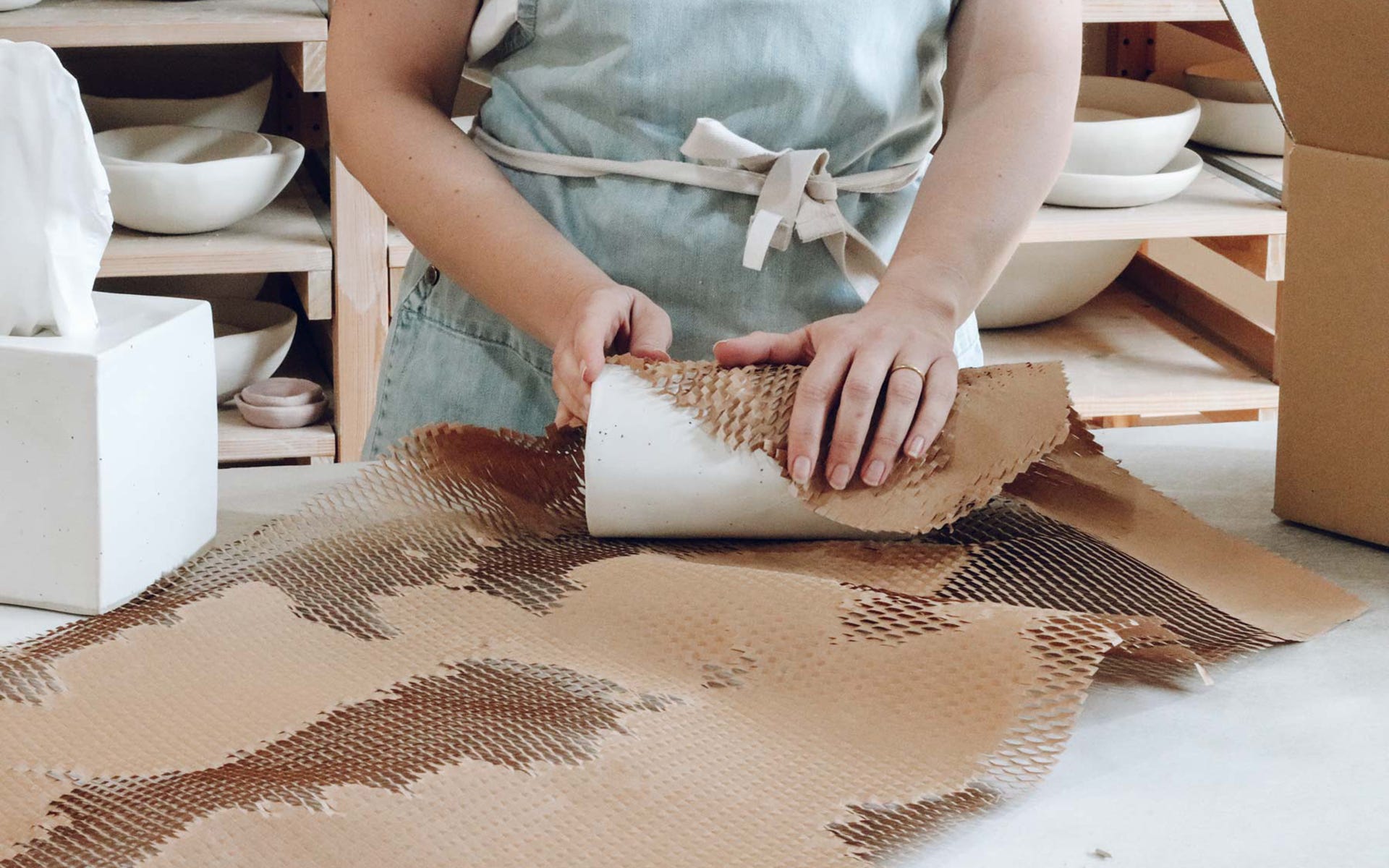 Winterwares vase being wrapped in Geami