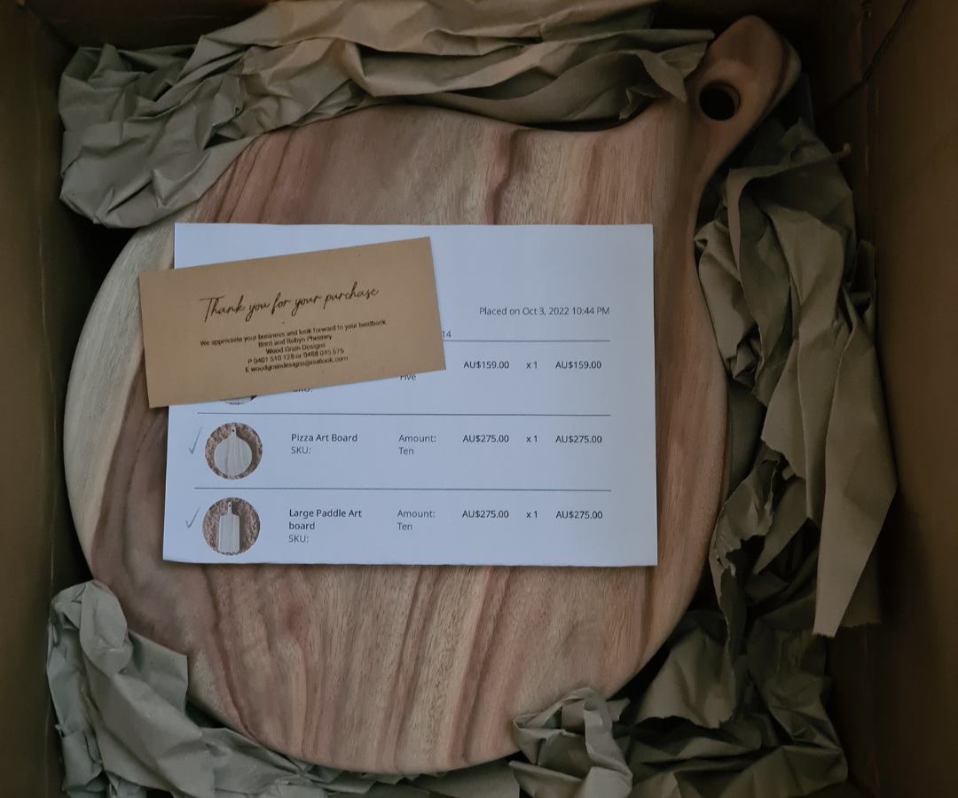 Wood Grain Designs Premium Cutting Board wrapped in Fillpak and a Signet Shipping Carton for transit